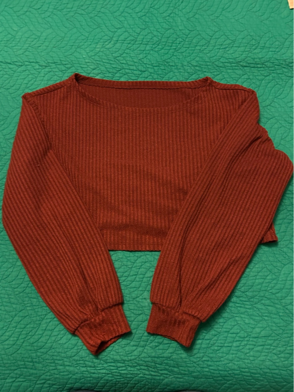 SHEIN Rust Red Ribbed Long-Sleeve Crop Top